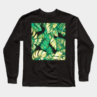 Tropical Leaves Of Banana and Monstera Green Khaki Cut Out Long Sleeve T-Shirt